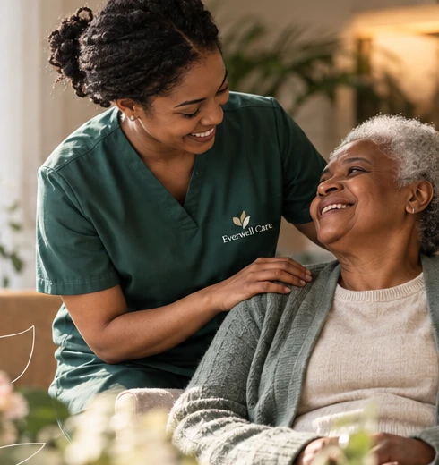 Caregiver sharing a warm moment with an older adult in a comfortable home